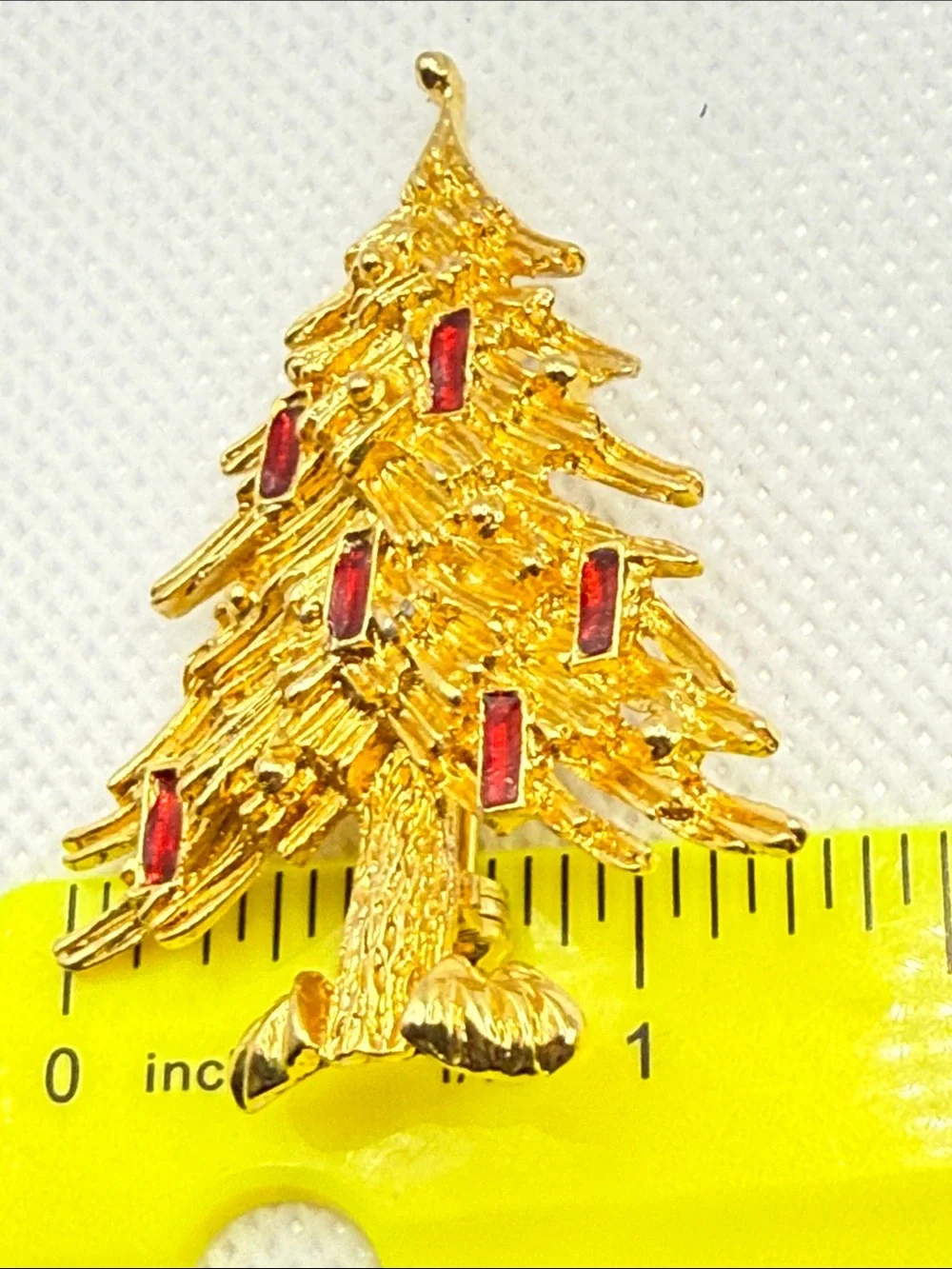 Vintage LIA Gold-tone Christmas Tree Brooch with Red enamel ornaments